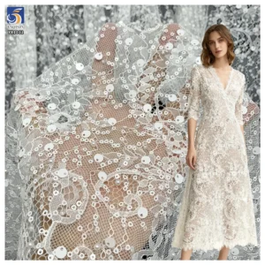 YX1032 China Wholesale Home Textiles Lace Fabric Eyelash White Lace 3D Beaded Sequins Bridal Dress Fabrics for Women...