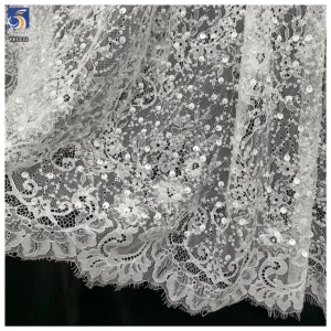 YX1032 China Wholesale Home Textiles Lace Fabric Eyelash White Lace 3D Beaded Sequins Bridal Dress Fabrics for Women...