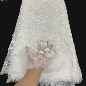YX1033 New Materials 300CM*150CM Florals Sequins Beads Pearls 3D White Eyelash Lace Fabric for Women's Party Dress Wedding...