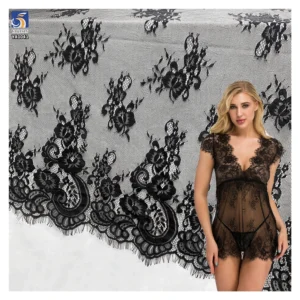 YX1041 High-Quality Sheer Breathable Soft Black Lace Fabric Lightweight Polyester Embroidered Flower Eyelash Lace Fabrics...