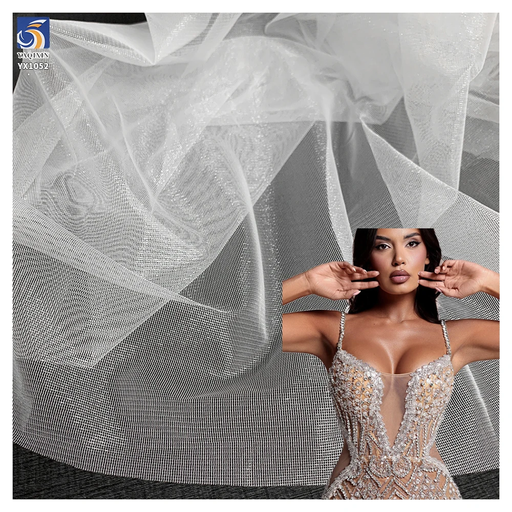 YX1052 160cm Glossy Small Lattice Translucent White Mesh Fabric Tulle Poly Plain Knit Tulle Fabric for Underwear and...