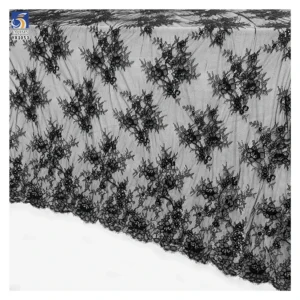 YX1053 Tulle Poly Black Eyelash Lace Fabric Ply Bone Thread Embroidery Flowers Custom Apparel-Sleepwear Eyelash Lace Fabrics...