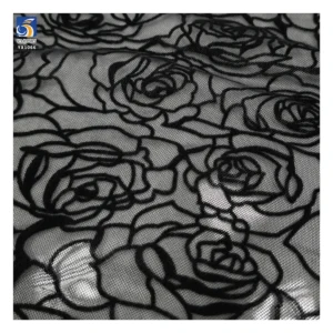 YX1066 Nylon/Spandex Elastic Mesh Women's Underwear Fabric Flocking Black Rose Flower 4 Way Stretch Flocked Tulle Fabric...