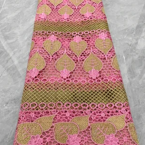 YX1076 High Quality Heavyweight 300gsm Pink Leaves Pattern Embroidered Water-Soluble Lace Fabric Ethnic Lace Fabric Textile...
