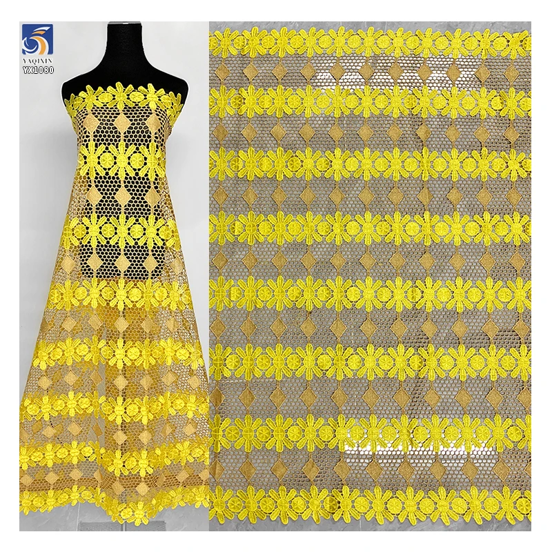 YX1080 Summer Sunflowers Yellow Embroidery Net Lace Fabric African Rich Bazin Ethnic Embroidery Water-Soluble Lace Fabrics...