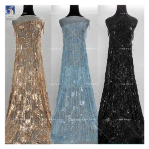 YX1088 300gsm Heavyweight Dress Tassel Sequin Net Fabric New European Knitted Poly Summer Skirt Tulle Sequin Fringe Fabrics...