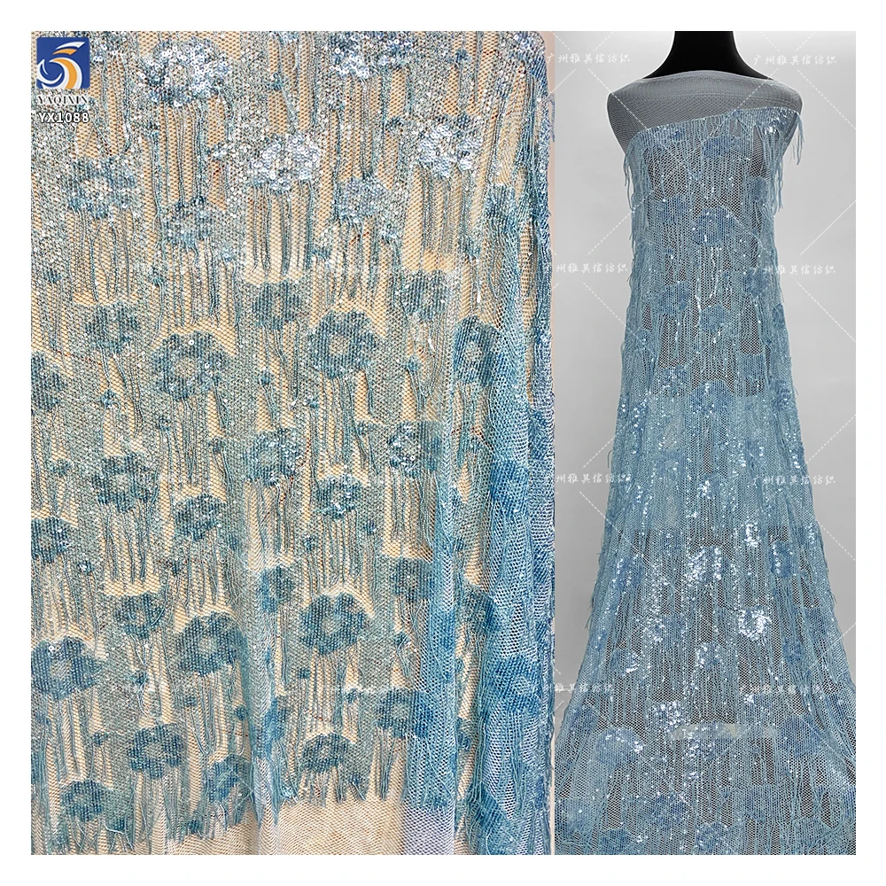 YX1088 300gsm Heavyweight Dress Tassel Sequin Net Fabric New European Knitted Poly Summer Skirt Tulle Sequin Fringe Fabrics...