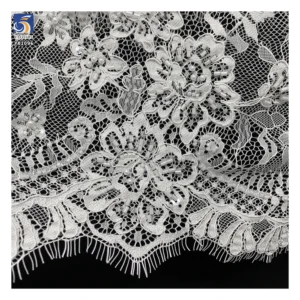 YX1096 Heavyweight White Mesh Bridal Wedding Dress Lace Fabric Pearls Woven Embroidery Italian Net Eyelash Lace Fabrics...