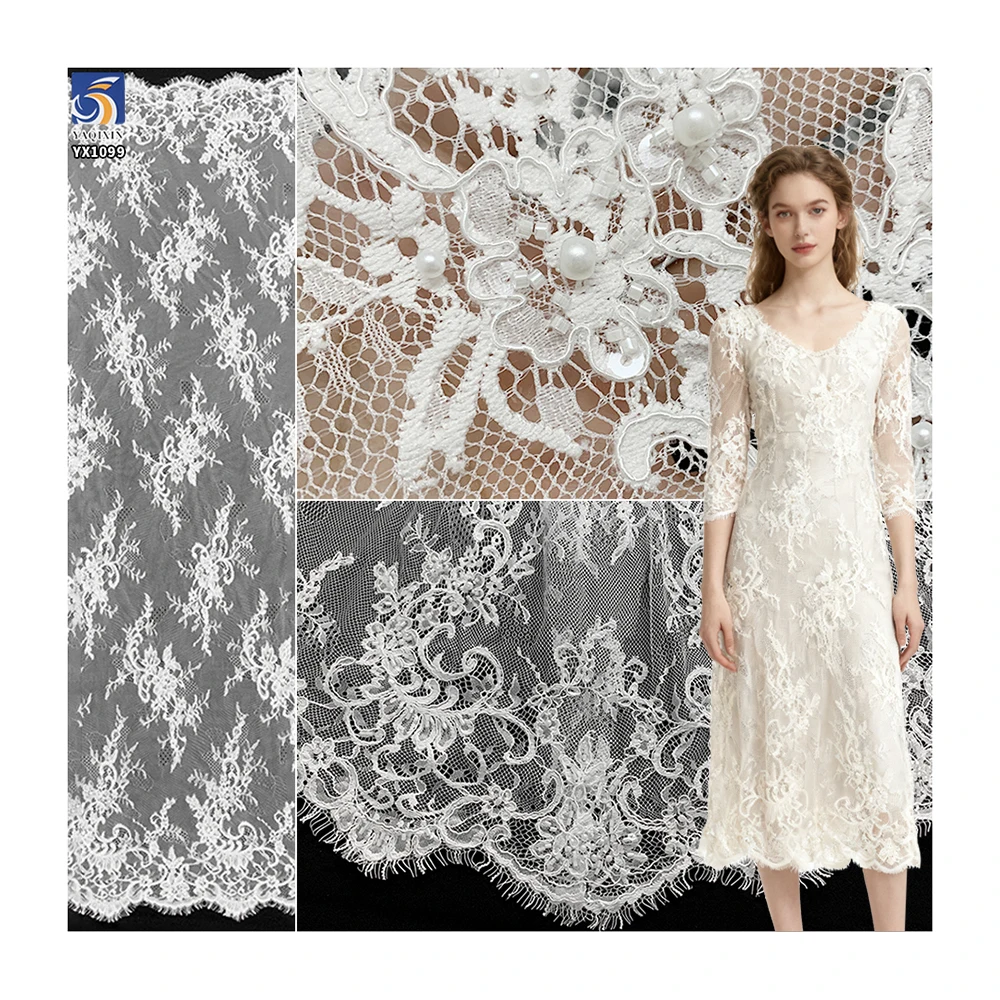 YX1099 Popular High Quality 3D Pearls Heavy Beaded Nigerian Lace Fabric 2026 Eyelash Lace Fabrics for White Nigerian Wedding...