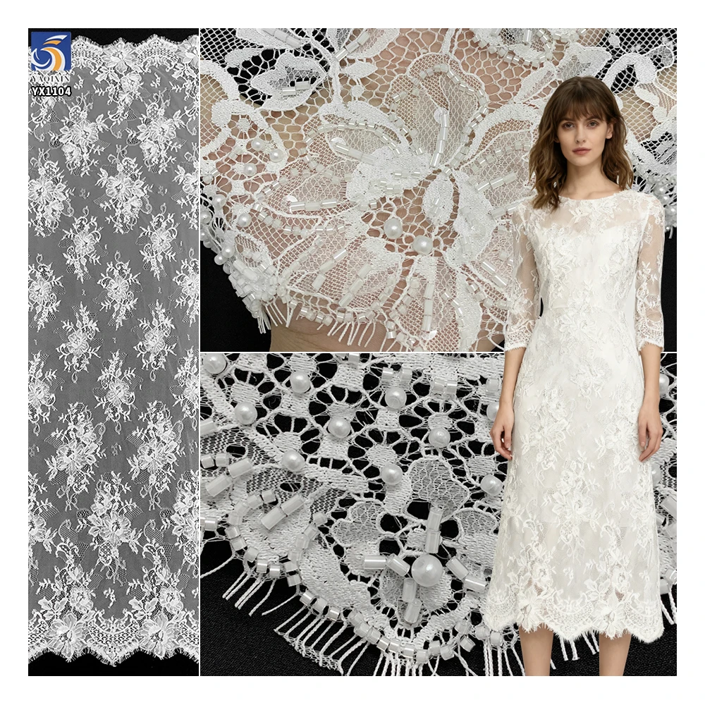 YX1104 300*150CM White Polyester Eyelashes Lace Fabric for Home Textiles High-End Hand-Sewn Bone Thread Beaded 3D Lace...