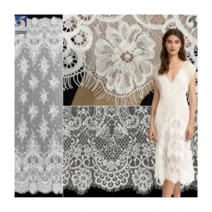 YX1105 African Elegant Wedding Lace Fabric Textile White Flower Embroidery Bead Tube Pearl 3D Eyelashes Lace Fabric...