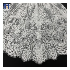 YX1105 African Elegant Wedding Lace Fabric Textile White Flower Embroidery Bead Tube Pearl 3D Eyelashes Lace Fabric...
