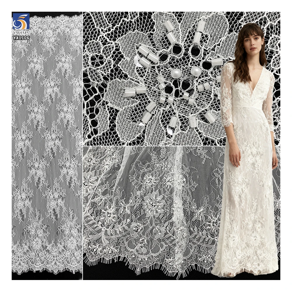 YX1106 Luxurious Saudi Dubai Lace Fabric 15 Yards 3D Floral Pearls Embroidered Wedding Eyelash Mesh Net Lace Fabric White...