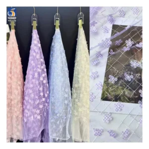 YX1110 New Fashion 2026 Design Checkered Embroidered Tulle Fabric With 3D Florals 3D Mesh Fabric for Short Skirts - 100%...