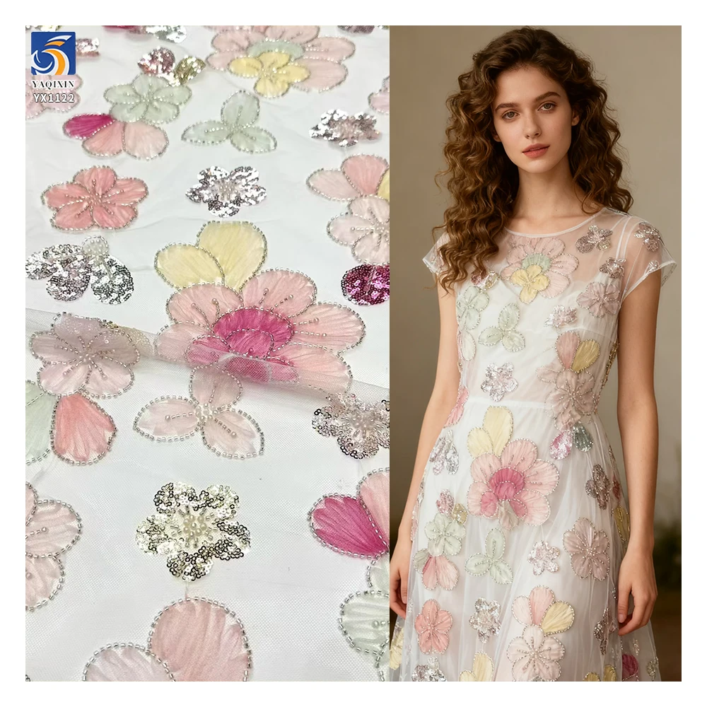 YX1122 Expensive English Embroidery Fabrics Mesh Large Flowers Garments Dress Ladies Tulle Fabric With 3D Flowers Sequins...