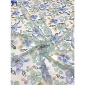 YX1125 Cheap French Style Multicolor Digital Printing Florals Tulle Embroidery Fabric With Silver Sequins Tulle 5 Yards...