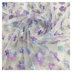 YX1130 High Quality Purple and Blue Gradient Flowers 3D Mesh Fabric 2 Yards Embroidery 3D Florals Tulle Christmas Skirt...