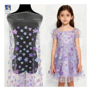 YX1130 High Quality Purple and Blue Gradient Flowers 3D Mesh Fabric 2 Yards Embroidery 3D Florals Tulle Christmas Skirt...
