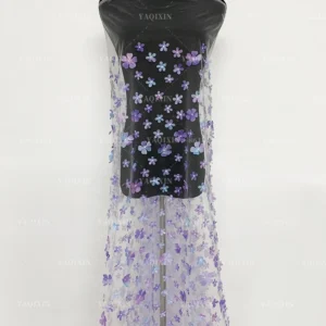 YX1130 High Quality Purple and Blue Gradient Flowers 3D Mesh Fabric 2 Yards Embroidery 3D Florals Tulle Christmas Skirt...