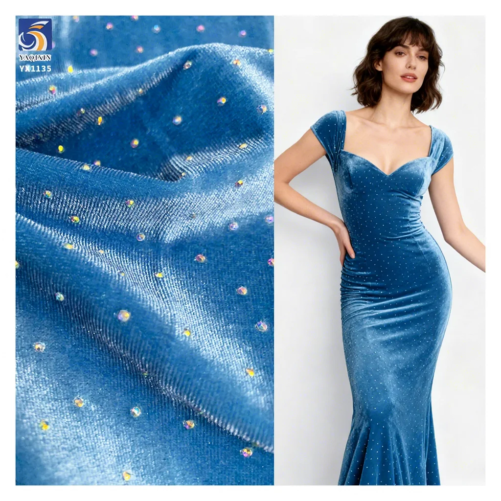 YX1135 New 240g Poly/Spandex Stretch Embroidered Velvet Fabric 3D Diamond Stones Beaded French Velvet Fabric for Dress...