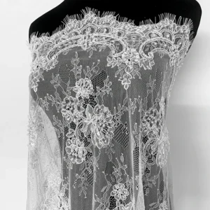 YX1143 300*150CM High Quality Embroidered Silver Pearl Sequins Plywood Eyelash French Lace Fabric for Bride's 15 Yards...
