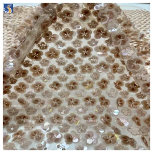 YX1147 Woman Gold Dress 2026 Embroidery 500gsm Polyester 3D Florals Sequin Rose Gold Mesh Sequin Embroidered Fabric - 100%...
