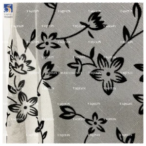 YX1152 New Fashion Style 2026 Floral Pattern Flocked Mesh Fabric Black Florals Four-Way Stretch Mesh Flocked Fabrics...