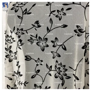 YX1152 New Fashion Style 2026 Floral Pattern Flocked Mesh Fabric Black Florals Four-Way Stretch Mesh Flocked Fabrics...
