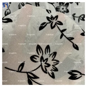 YX1152 New Fashion Style 2026 Floral Pattern Flocked Mesh Fabric Black Florals Four-Way Stretch Mesh Flocked Fabrics...