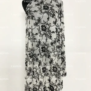 YX1153 High Quality 2026 Four-Way Stretch Spandex Mesh Flock Fabric Custom Patterned Black Flocked Stretch Tulle Mesh Fabric...