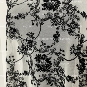 YX1153 High Quality 2026 Four-Way Stretch Spandex Mesh Flock Fabric Custom Patterned Black Flocked Stretch Tulle Mesh Fabric...