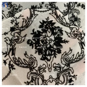 YX1153 High Quality 2026 Four-Way Stretch Spandex Mesh Flock Fabric Custom Patterned Black Flocked Stretch Tulle Mesh Fabric...