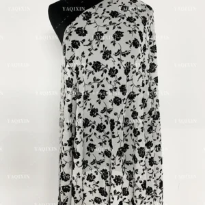 YX1155 2026 Popular Flocked Black Floral Mesh Fabric 4-Way Stretch Power Net Mesh Fabric With Black Floral Flock for...