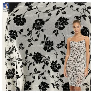 YX1155 2026 Popular Flocked Black Floral Mesh Fabric 4-Way Stretch Power Net Mesh Fabric With Black Floral Flock for...