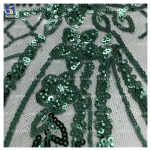YX1173-1 200gsm Cheap Knitted Embroidery Africa Sequin Lace Fabric Decorated With Sequins Mint Green Lace Fabric 1 Yard OEM...