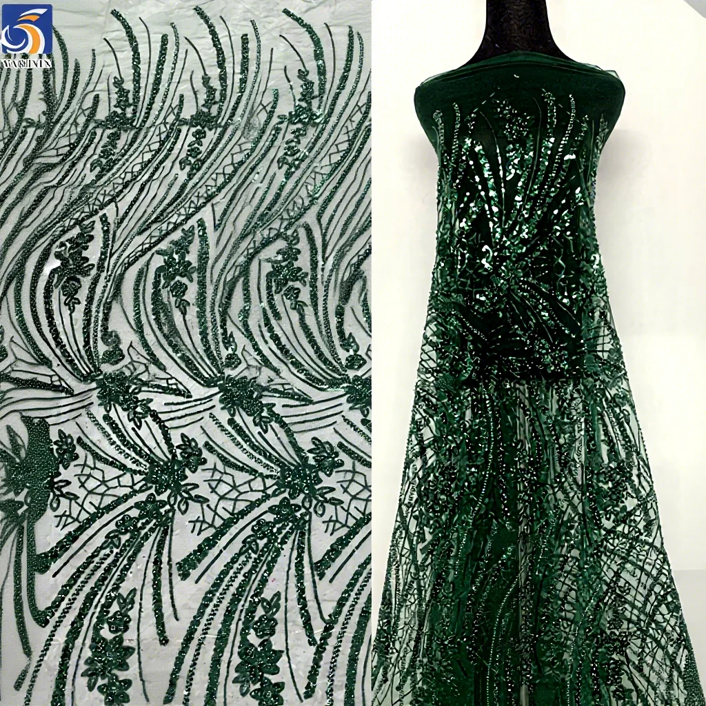 YX1173-1 200gsm Cheap Knitted Embroidery Africa Sequin Lace Fabric Decorated With Sequins Mint Green Lace Fabric 1 Yard OEM...