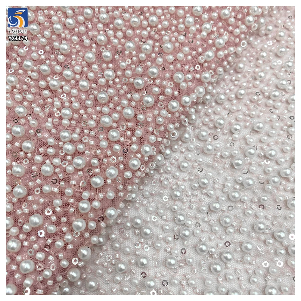 YX1174 1000gsm Heavy Weight Pearls 3D Lace Fabric for Wedding Dresses White 3D Sequined Pearls Net Bride Lace Fabric 5 Yards...