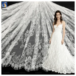 YX1206 Cheap and High Quality Latest Mesh Eyelash Lace Fabric Milky White Flower Embroidery German Wedding Dress Lace Fabric...