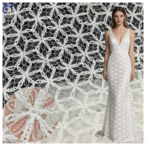 YX1216 American Summer Knitted Embroidery Flowers Fabric Mesh Crochet Rope Lace Fabric With Sequins for Women Dress - 100%...