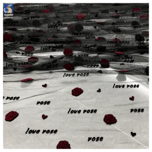 YX1220 French Romantic Mesh Love Rose Valentine's Day Flock Fabrics Knitted Red and Black Florals Flocked Tulle Fabric...