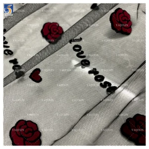 YX1220 French Romantic Mesh Love Rose Valentine's Day Flock Fabrics Knitted Red and Black Florals Flocked Tulle Fabric...