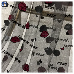YX1220 French Romantic Mesh Love Rose Valentine's Day Flock Fabrics Knitted Red and Black Florals Flocked Tulle Fabric...