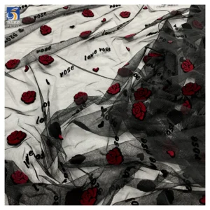 YX1220 French Romantic Mesh Love Rose Valentine's Day Flock Fabrics Knitted Red and Black Florals Flocked Tulle Fabric...