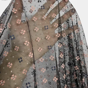 YX1224 High Quality Knitted Pink Florals Offset Print Mesh Fabric With Silver Glitter Dots for Women's Clothing Tulle - 100%...