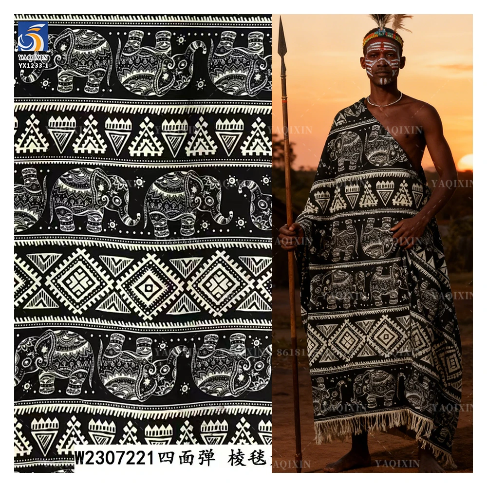YX1233-1 Custom 100D Chiffon 4 Way Stretch Polyester Print Fabric African Tribal Totem Animal Elephant Pattern Print Fabric...