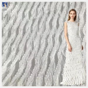 YX1251 Popular in Russia White Tassel Chiffon Jacquard Fabric Feather Design Nylon Jacquard Fabric for Dress Woman - 100%...