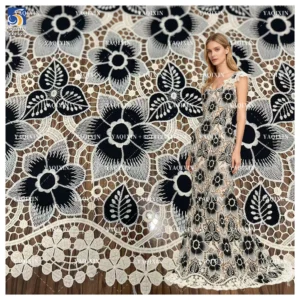 YX1257 2025 New Single-Sided Openwork Two-color Embroidered Fabric 150gsm Chiffon Water-Soluble Lace Fabric Embroidery...