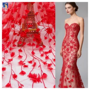 YX1261 Factory Wholesale 200gsm Red 3D Small Florals Embroidery Mesh Fabric 3D Floral Laser Embroidery French Tulle Fabric
