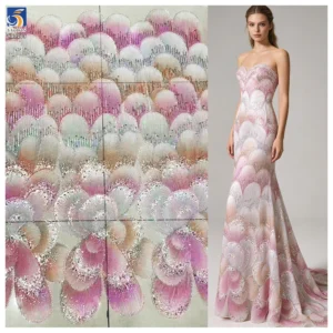 YX1263 New Arrival Mermaid Design Dress Fabric 3D Printed Floral Embroidery Colorful Mesh Lace Fabric With Bead 5 Yards...