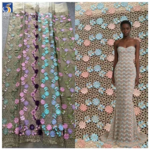 YX1267 Competitive Prices 3D Embroidered Flowers Fabric Coffee Brown Embroidery Net Mesh Lace African Nigerian Fabric - 100%...